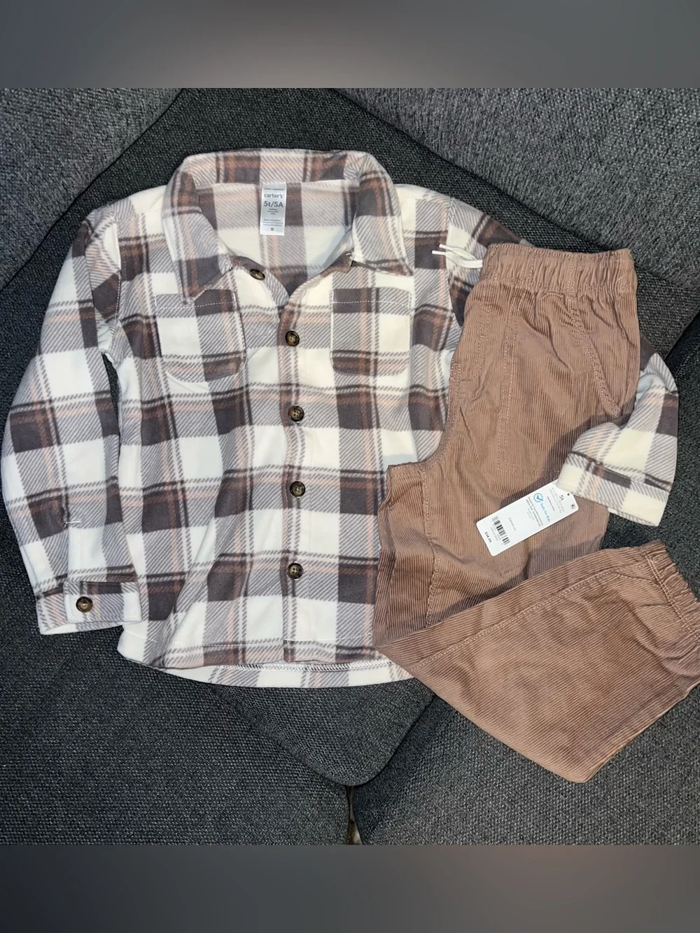 Carter's Brown and Cream Plaid Flannel Set with Brown Corduroy Pants